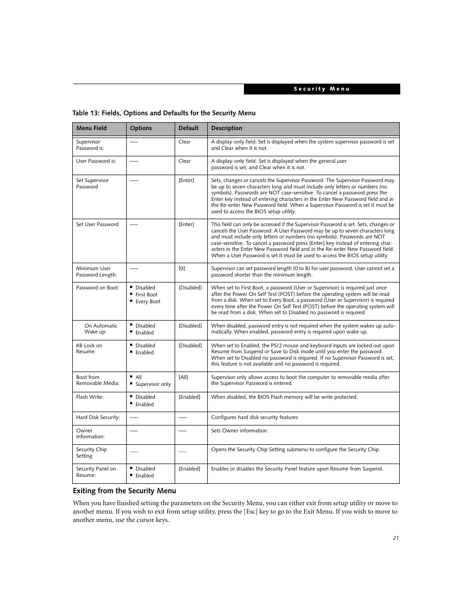 Exiting from the security menu | Fujitsu Siemens Computers LifeBook E Series E8110 User Manual | Page 21 / 29