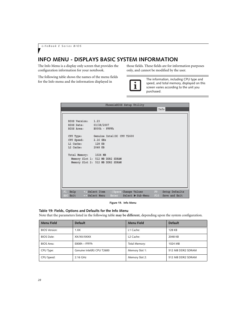 Info menu - displays basic system information | Fujitsu Siemens Computers LifeBook E Series E8110 User Manual | Page 28 / 29