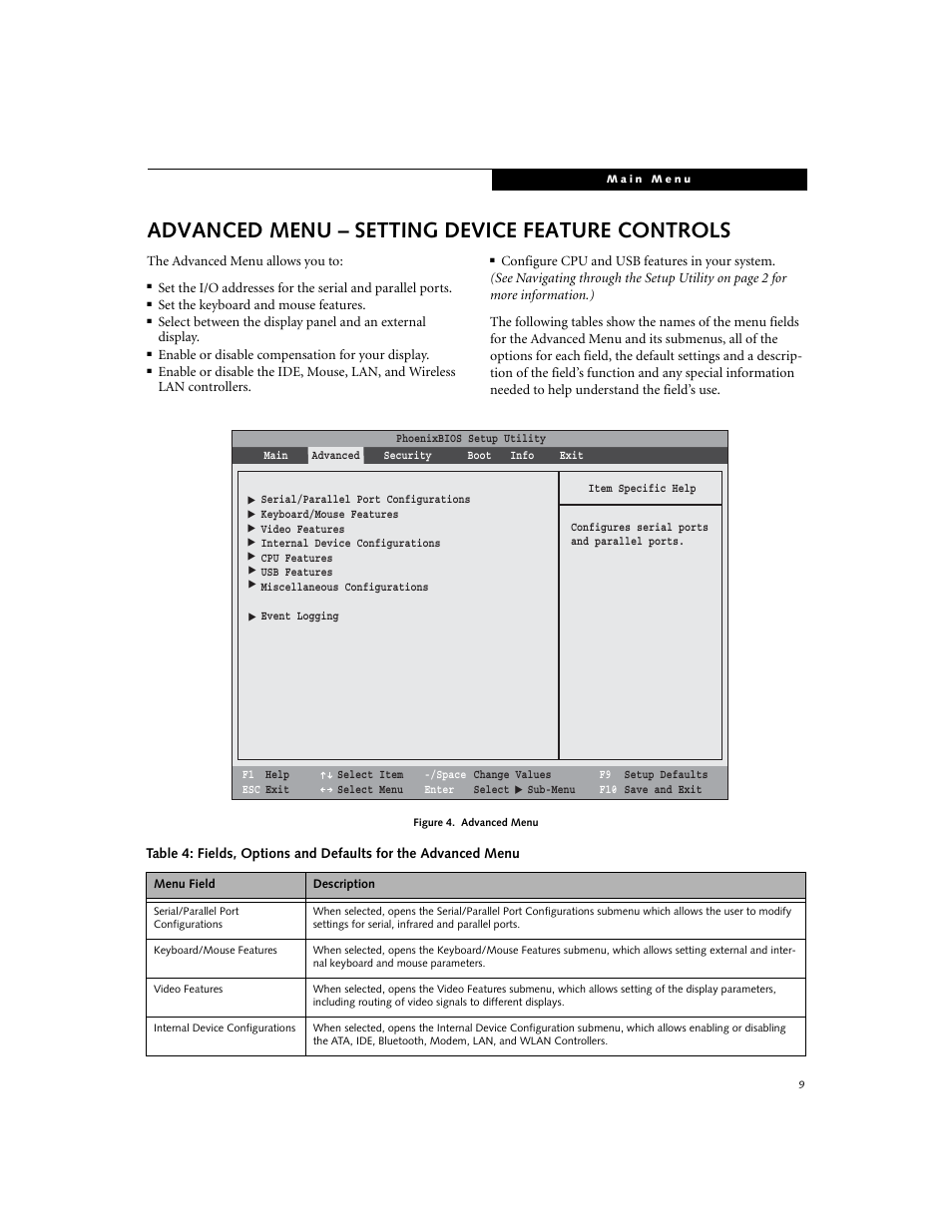 Advanced menu - setting device feature controls, Advanced menu – setting device feature controls | Fujitsu Siemens Computers LifeBook E Series E8110 User Manual | Page 9 / 29