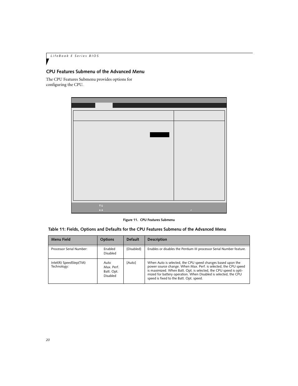 Cpu features submenu of the advanced menu | Fujitsu Siemens Computers E-6555 User Manual | Page 20 / 40