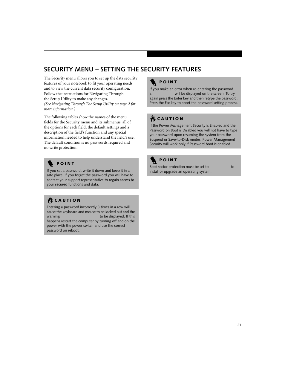 Security menu – setting the security features | Fujitsu Siemens Computers E-6555 User Manual | Page 23 / 40
