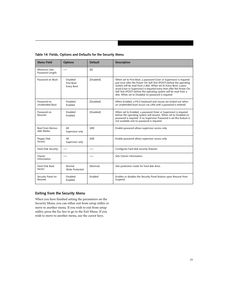 Exiting from the security menu | Fujitsu Siemens Computers E-6555 User Manual | Page 25 / 40