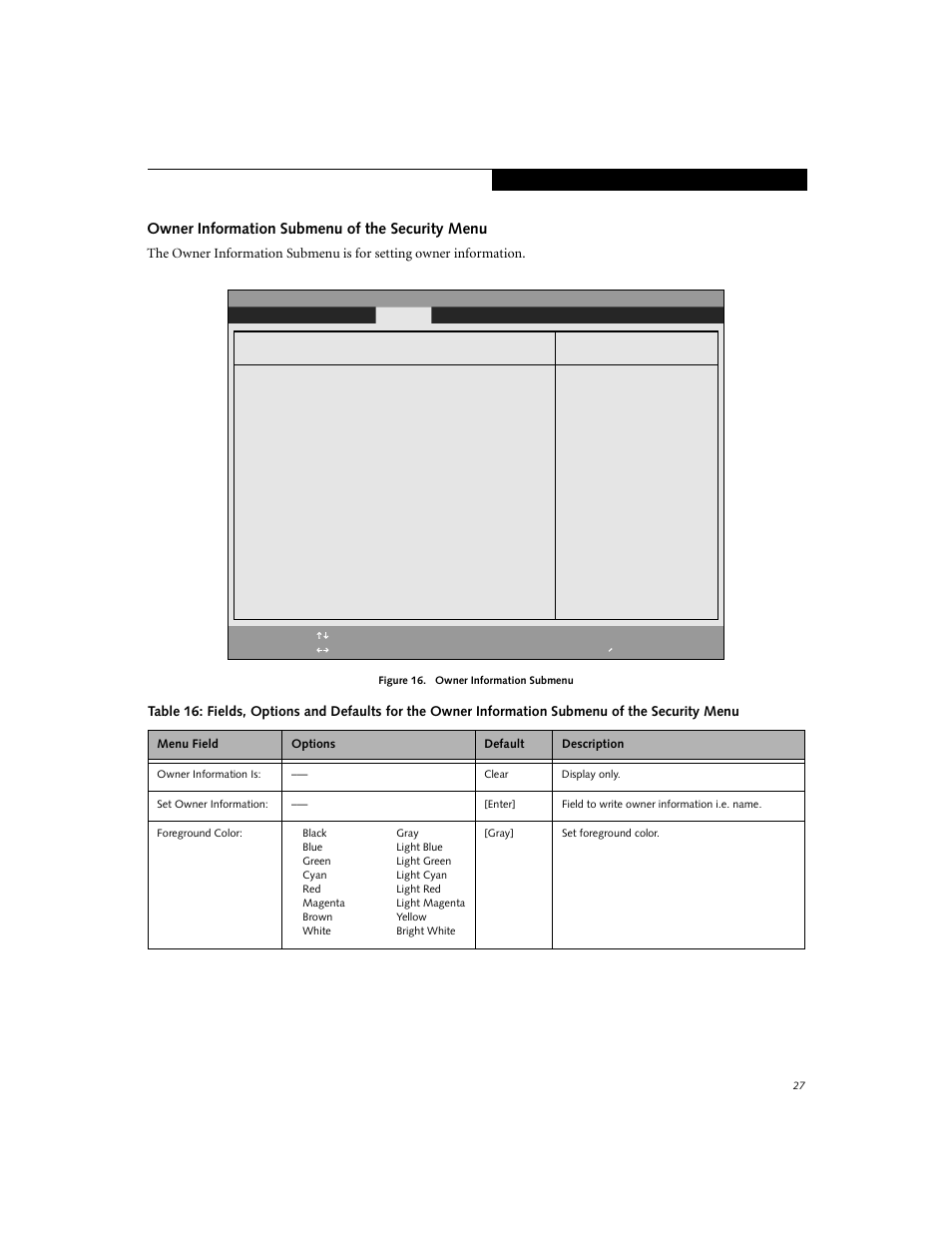 Owner information submenu of the security menu | Fujitsu Siemens Computers E-6555 User Manual | Page 27 / 40