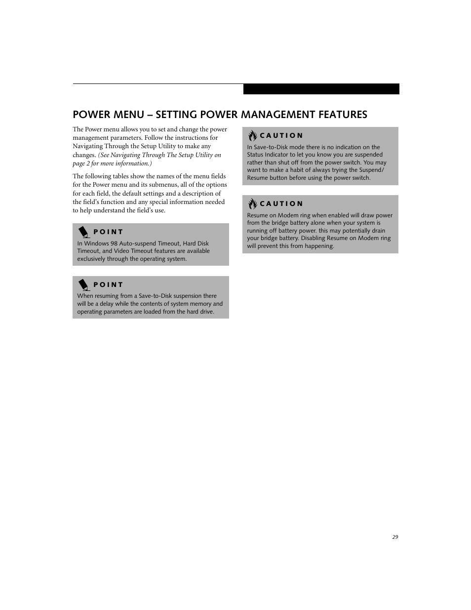 Power menu – setting power management features | Fujitsu Siemens Computers E-6555 User Manual | Page 29 / 40