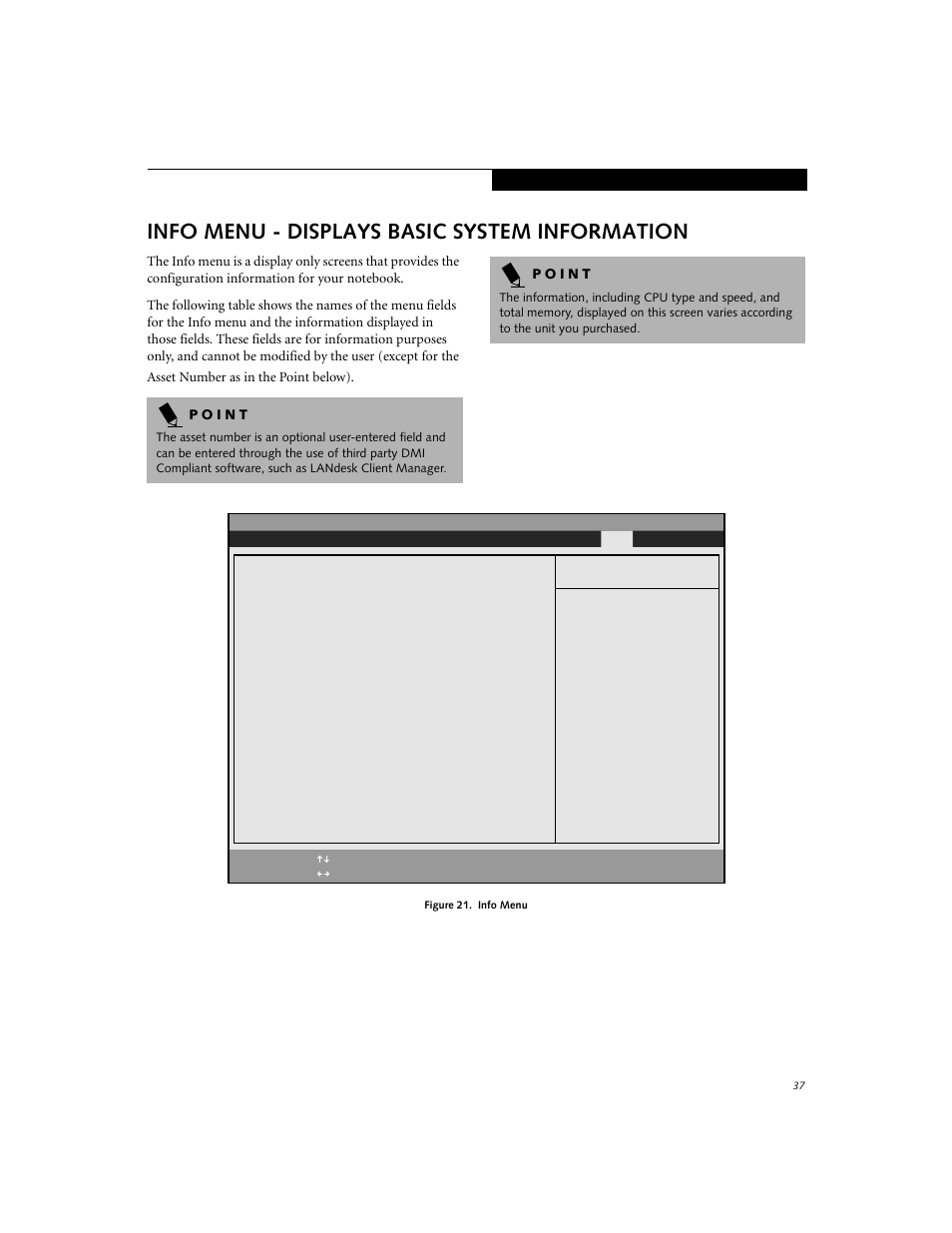 Info menu - displays basic system information | Fujitsu Siemens Computers E-6555 User Manual | Page 37 / 40