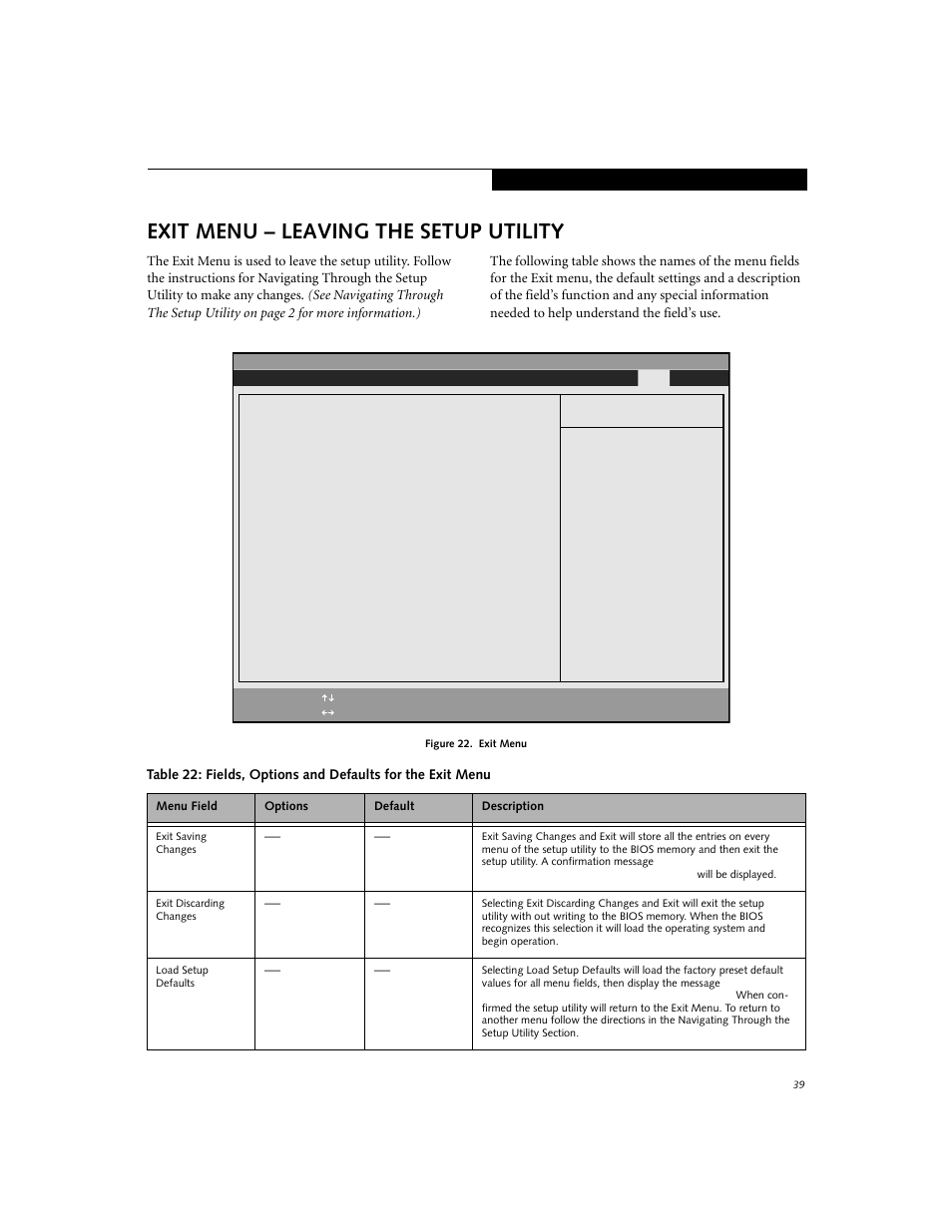Exit menu – leaving the setup utility | Fujitsu Siemens Computers E-6555 User Manual | Page 39 / 40