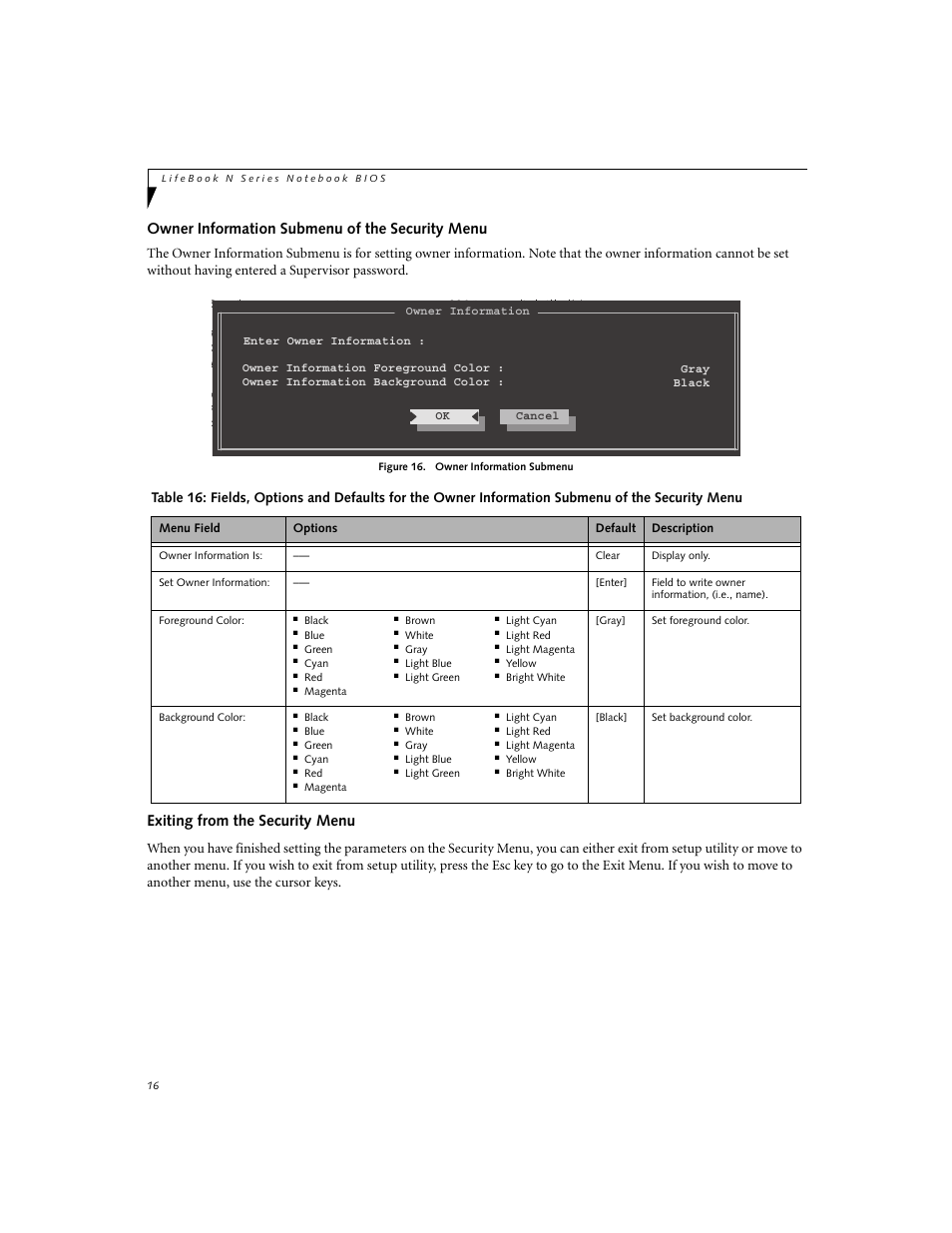 Owner information submenu of the security menu, Exiting from the security menu | Fujitsu Siemens Computers N6210 User Manual | Page 16 / 20
