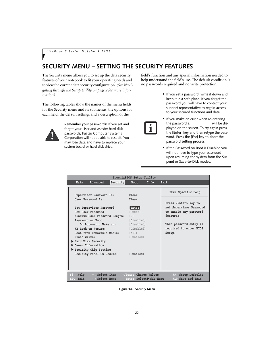 Security menu - setting the security features, Security menu – setting the security features | Fujitsu Siemens Computers S7110 User Manual | Page 22 / 31