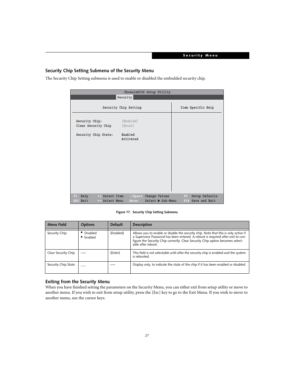 Security chip setting submenu of the security menu, Exiting from the security menu | Fujitsu Siemens Computers S7110 User Manual | Page 27 / 31