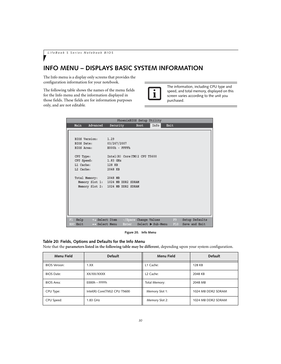 Info menu - displays basic system information, Info menu – displays basic system information | Fujitsu Siemens Computers S7110 User Manual | Page 30 / 31