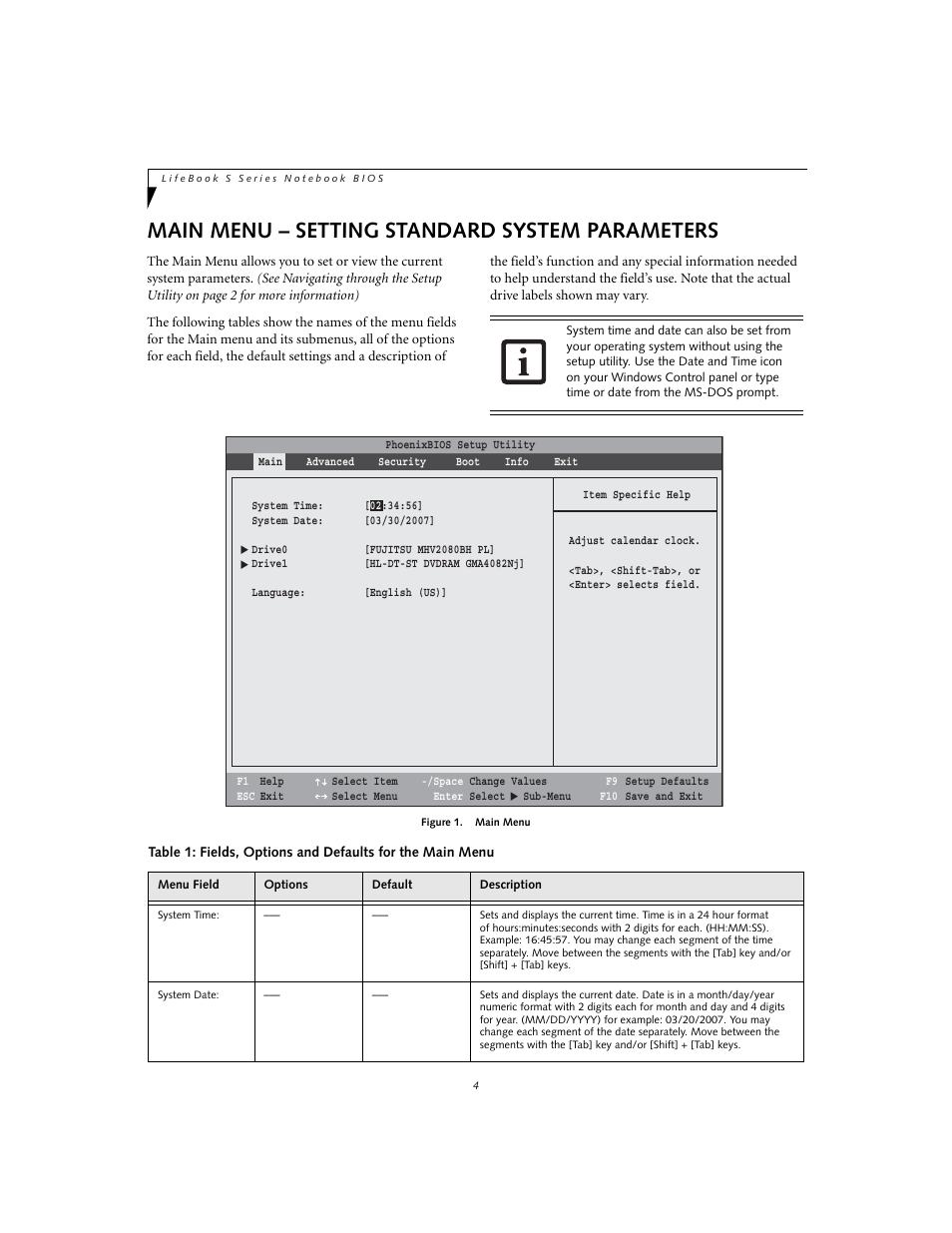Main menu - setting standard system parameters, Main menu – setting standard system parameters | Fujitsu Siemens Computers S7110 User Manual | Page 4 / 31