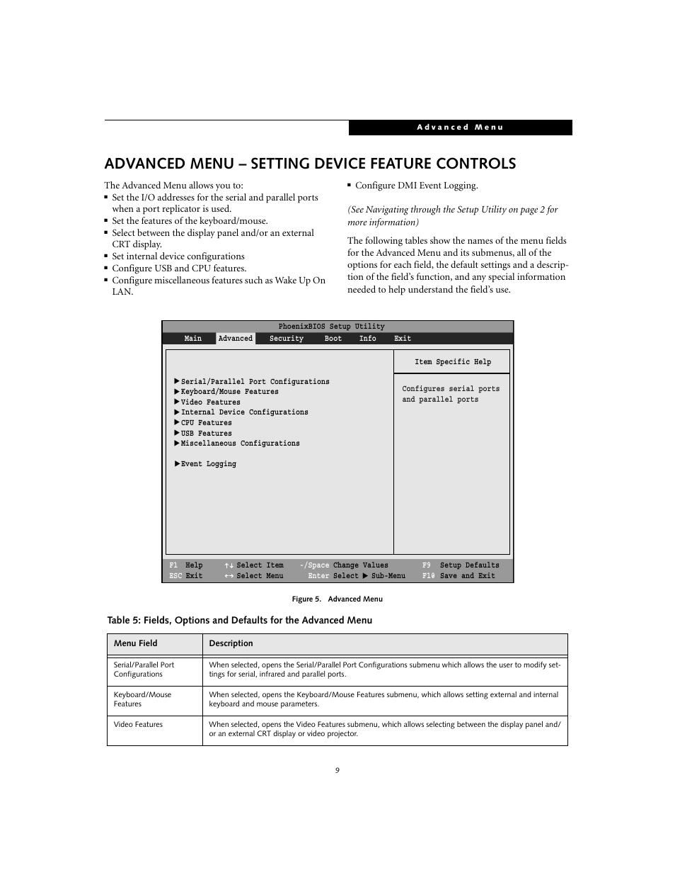 Advanced menu - setting device feature controls, Advanced menu – setting device feature controls | Fujitsu Siemens Computers S7110 User Manual | Page 9 / 31