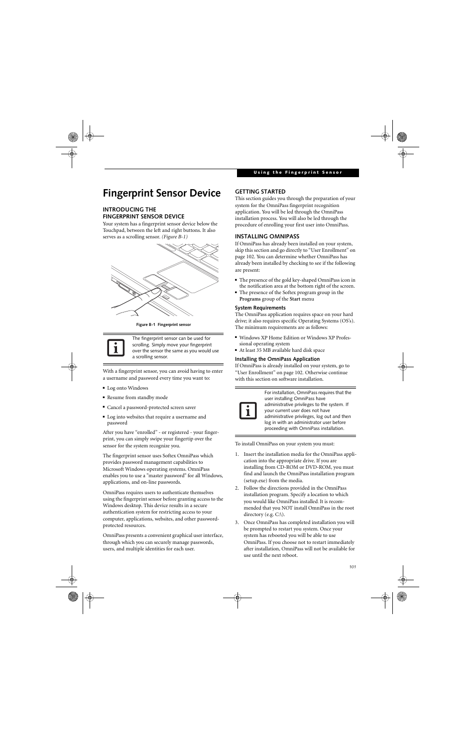 Fingerprint sensor device | Fujitsu Siemens Computers LifeBook A6010 User Manual | Page 111 / 128