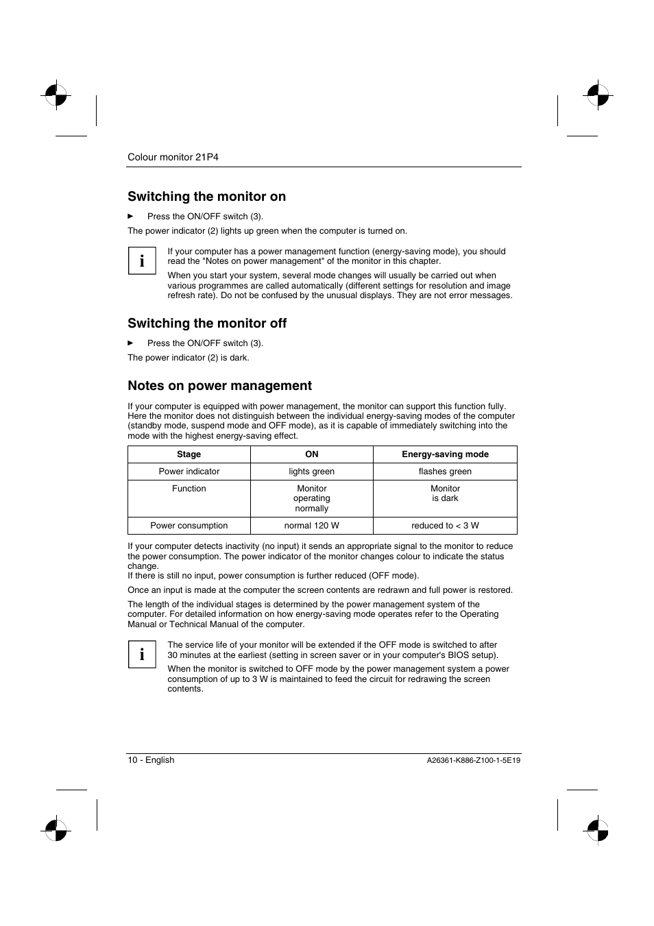 Switching the monitor on, Switching the monitor off | Fujitsu Siemens Computers 21P4 User Manual | Page 12 / 25