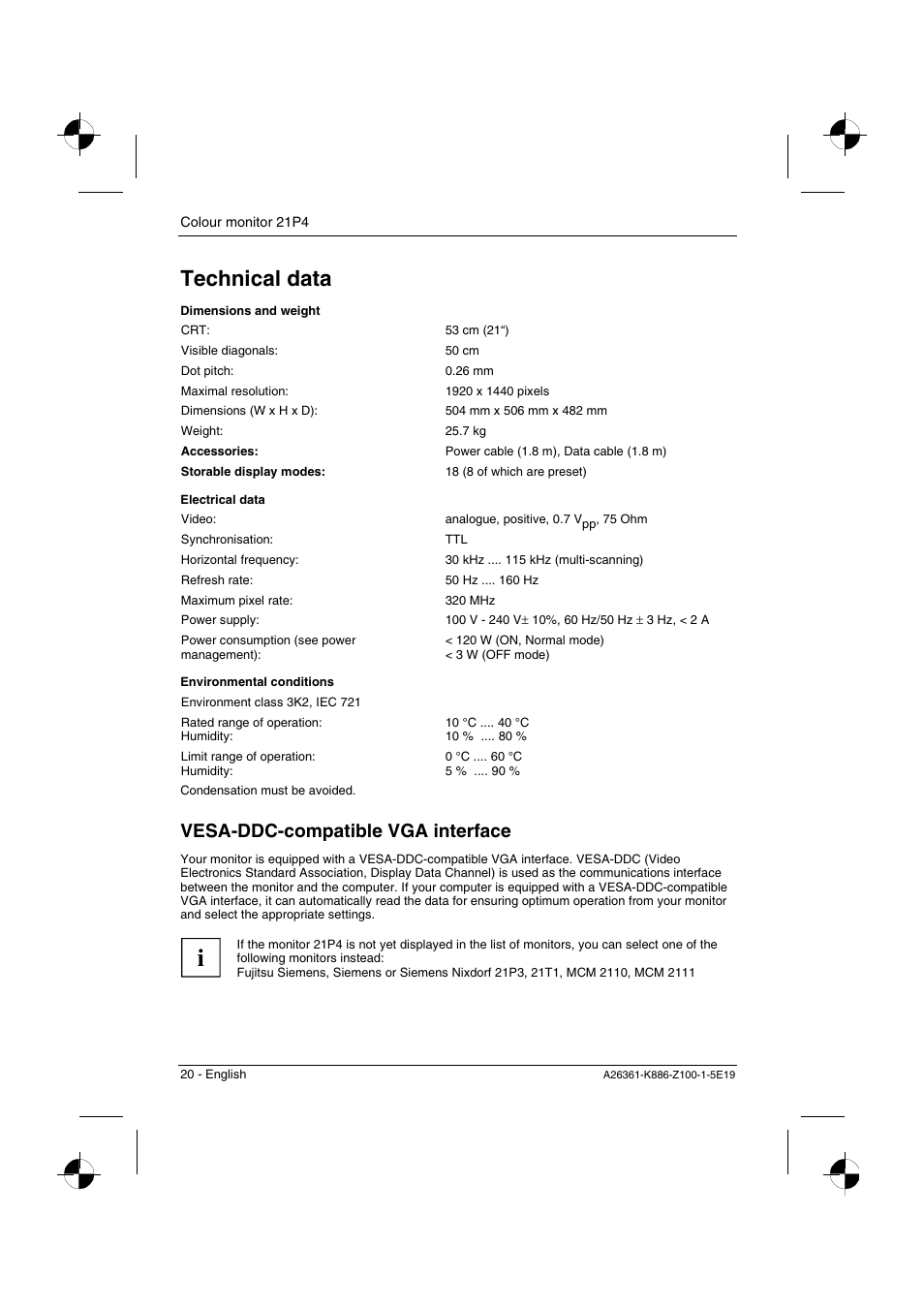 Technical data, Vesa-ddc-compatible vga interface | Fujitsu Siemens Computers 21P4 User Manual | Page 22 / 25