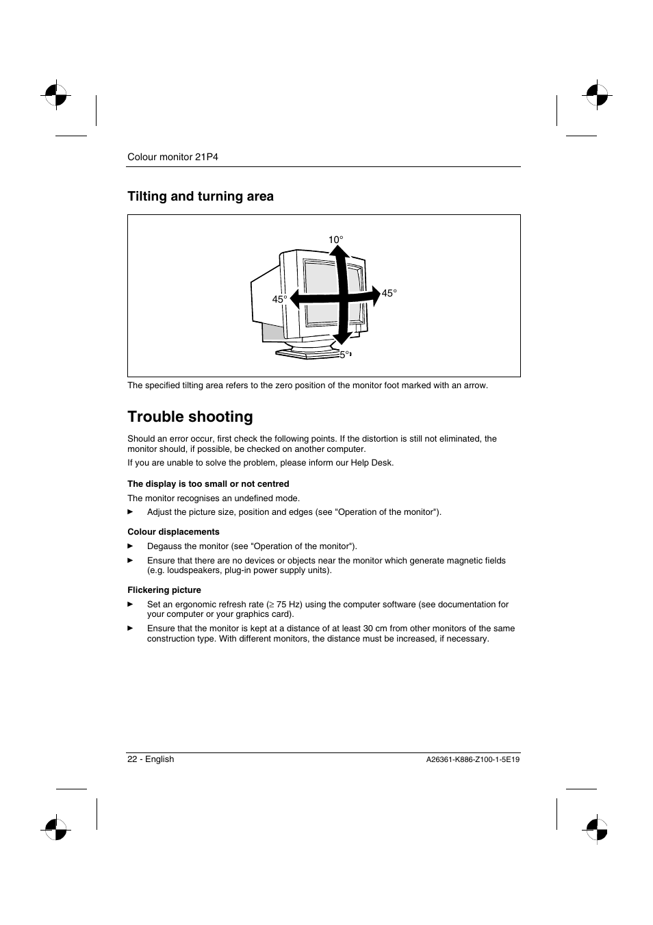 Trouble shooting, Tilting and turning area | Fujitsu Siemens Computers 21P4 User Manual | Page 24 / 25