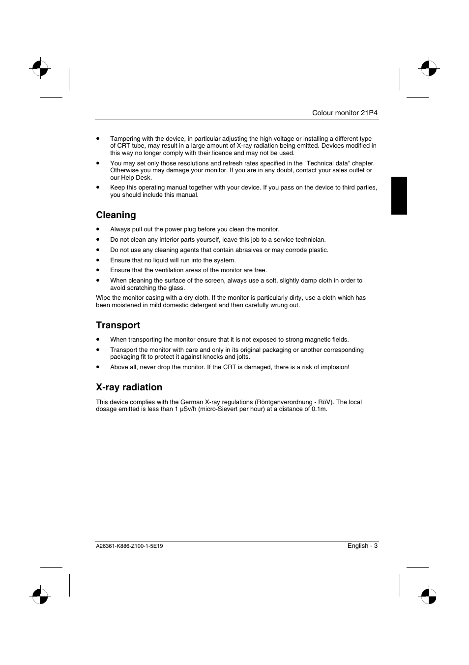 Cleaning, Transport, X-ray radiation | Fujitsu Siemens Computers 21P4 User Manual | Page 5 / 25