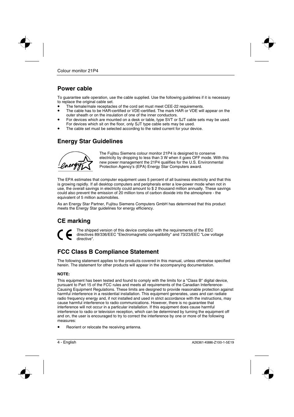 Power cable, Energy star guidelines, Ce marking | Fcc class b compliance statement | Fujitsu Siemens Computers 21P4 User Manual | Page 6 / 25