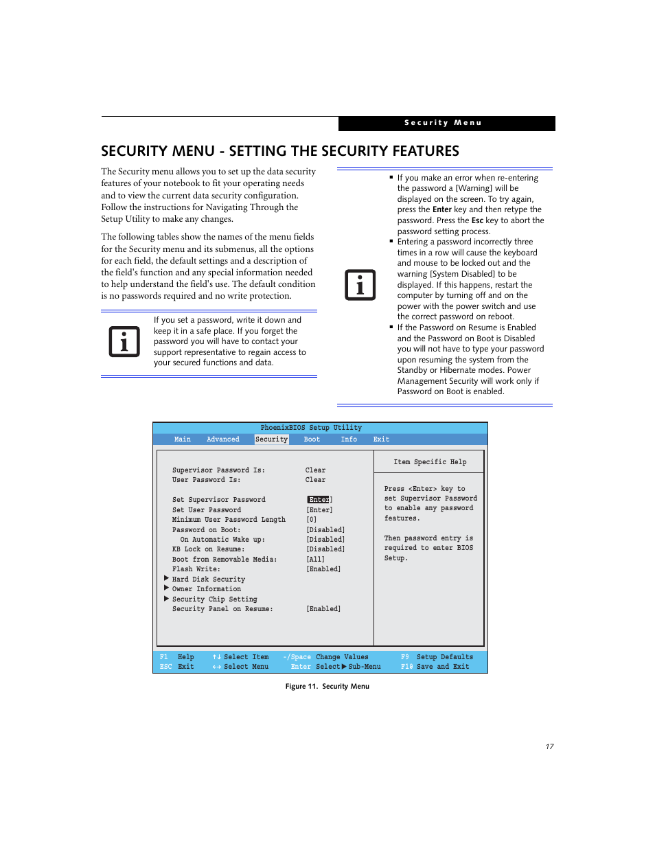 Security menu - setting the security features | Fujitsu Siemens Computers LifeBook B6230 User Manual | Page 17 / 25