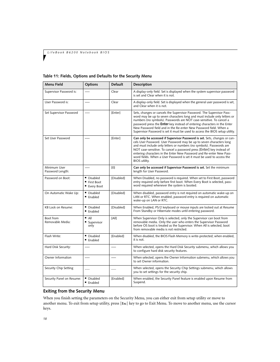 Exiting from the security menu | Fujitsu Siemens Computers LifeBook B6230 User Manual | Page 18 / 25