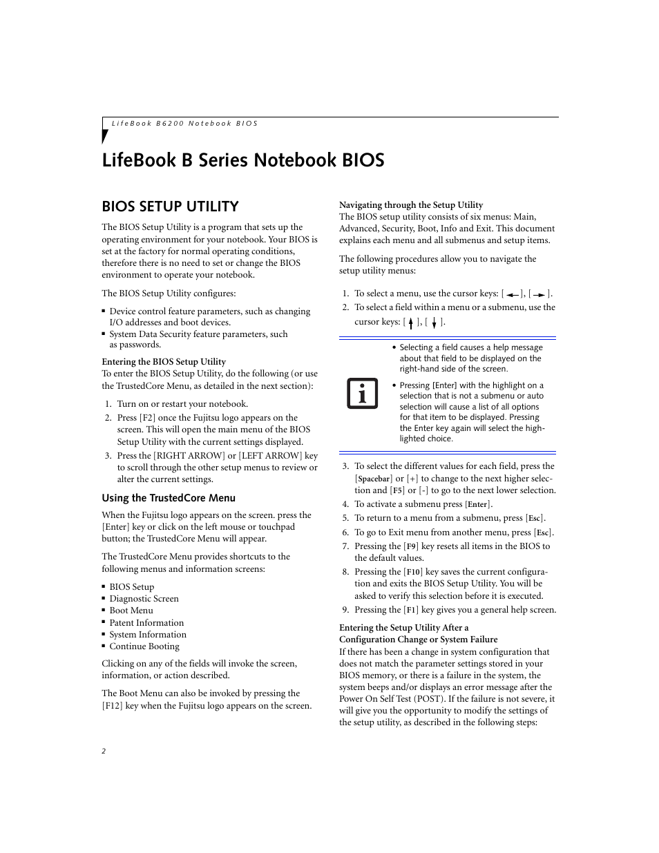 Lifebook b series notebook bios, Bios setup utility, Using the trustedcore menu | Fujitsu Siemens Computers LifeBook B6230 User Manual | Page 2 / 25