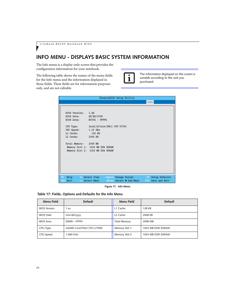 Info menu - displays basic system information | Fujitsu Siemens Computers LifeBook B6230 User Manual | Page 24 / 25