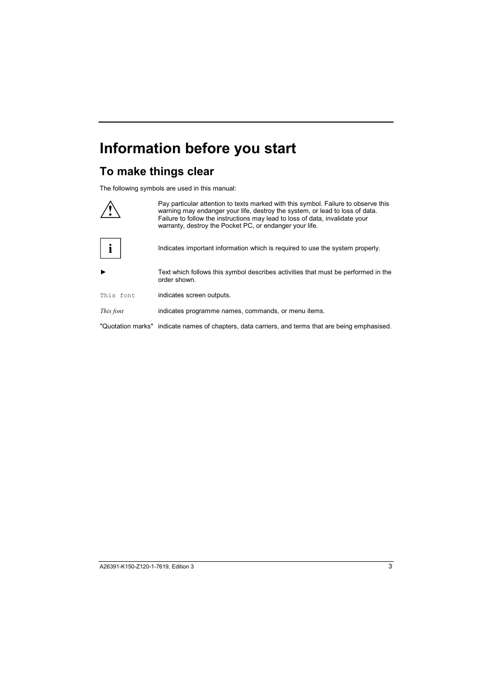 Information before you start, To make things clear | Fujitsu Siemens Computers LOOX 400 User Manual | Page 11 / 66