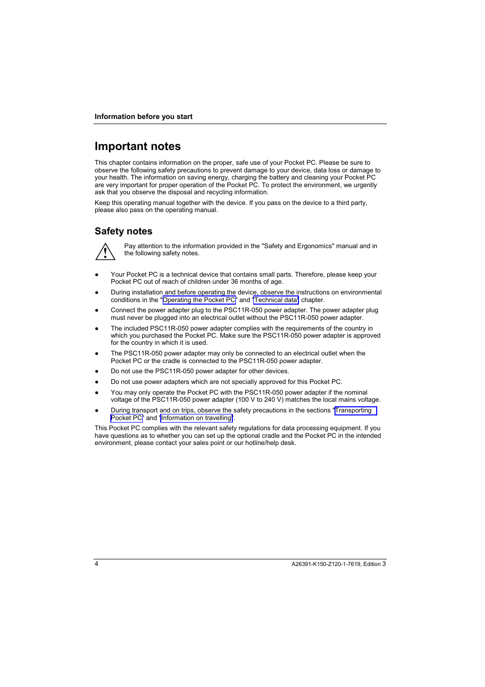 Important notes, Safety notes | Fujitsu Siemens Computers LOOX 400 User Manual | Page 12 / 66