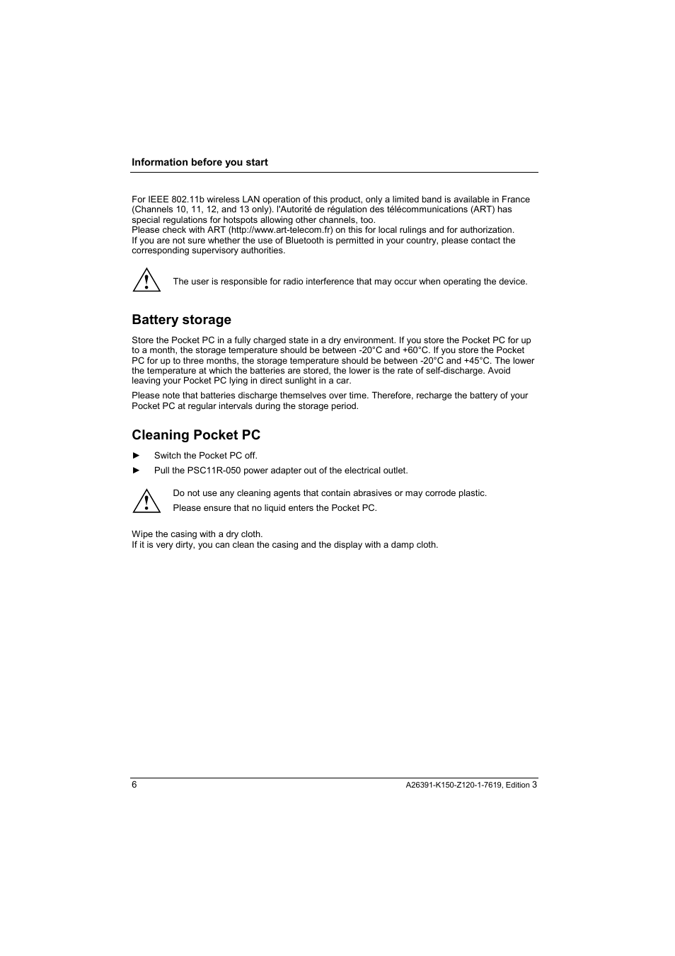 Battery storage, Cleaning pocket pc | Fujitsu Siemens Computers LOOX 400 User Manual | Page 14 / 66
