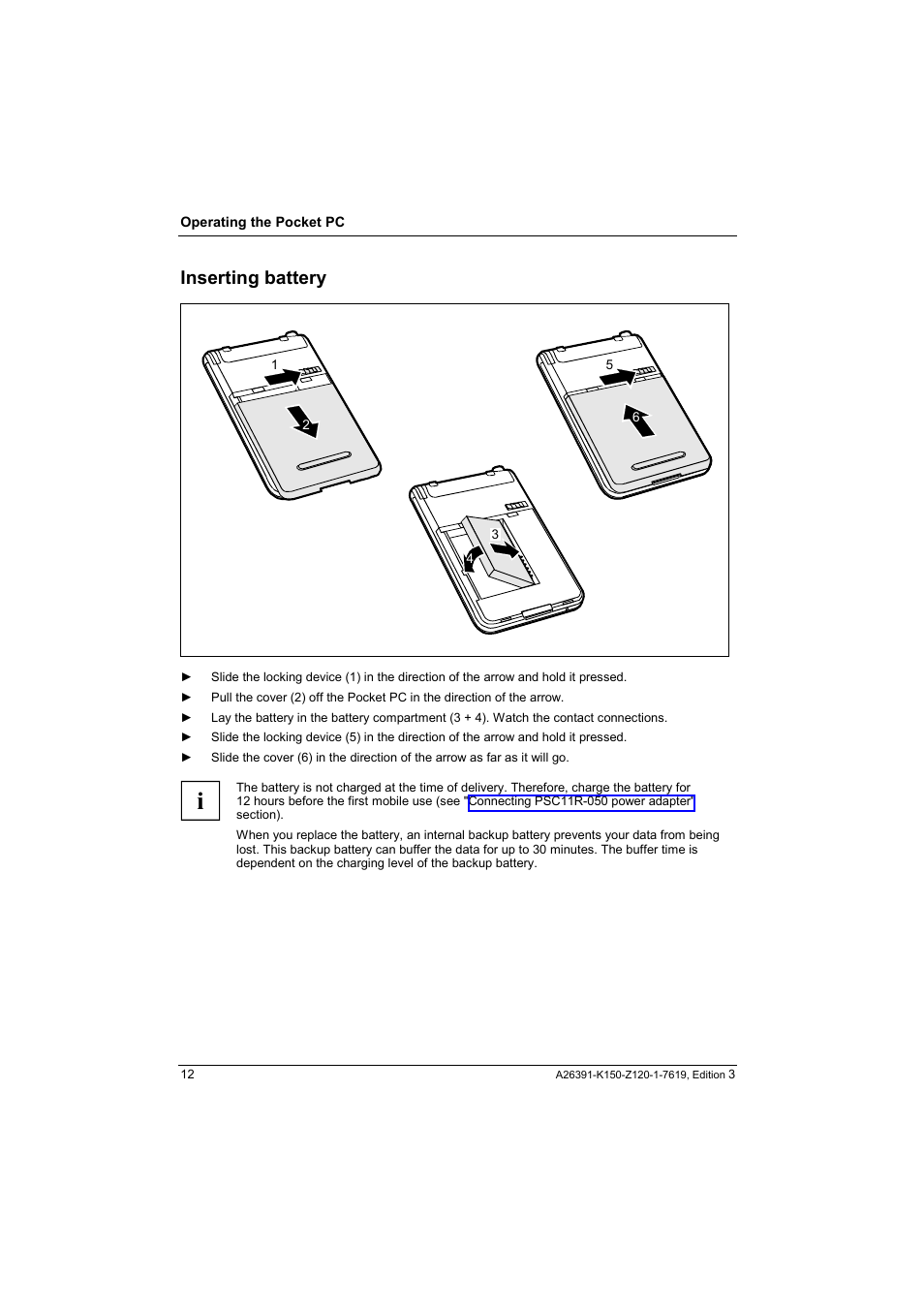 Inserting battery | Fujitsu Siemens Computers LOOX 400 User Manual | Page 20 / 66