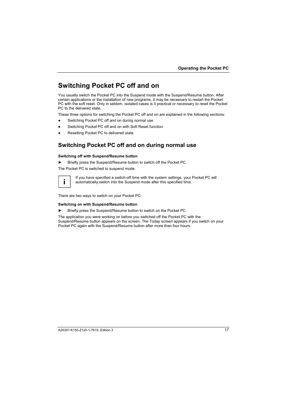 Switching pocket pc off and on, Switching pocket pc off and on during normal use | Fujitsu Siemens Computers LOOX 400 User Manual | Page 25 / 66