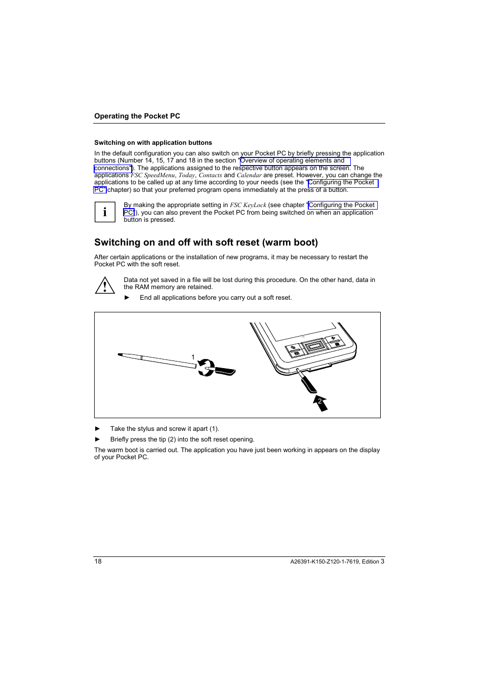 Switching on and off with soft reset (warm boot) | Fujitsu Siemens Computers LOOX 400 User Manual | Page 26 / 66