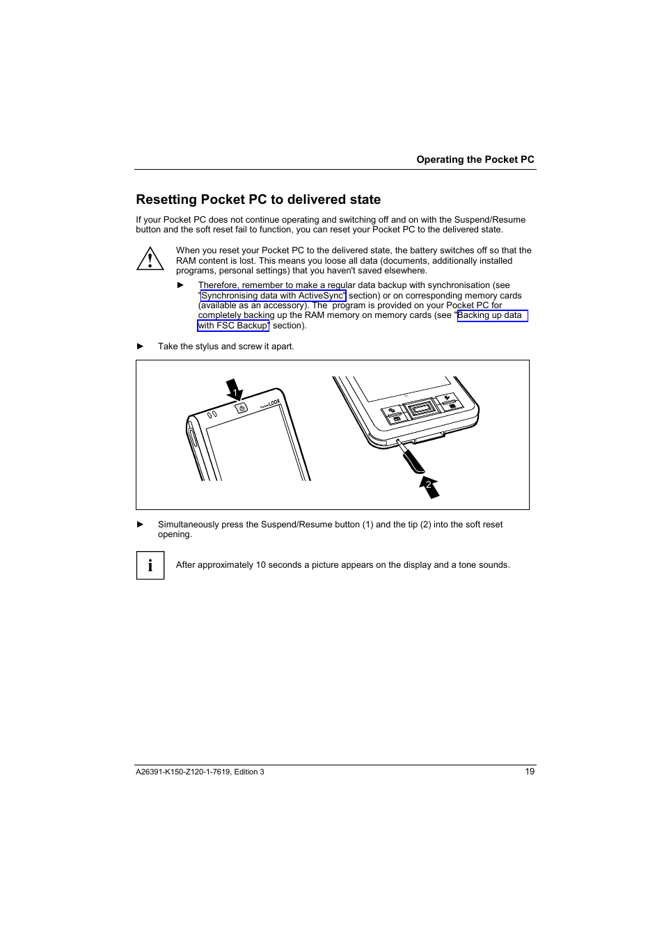 Resetting pocket pc to delivered state | Fujitsu Siemens Computers LOOX 400 User Manual | Page 27 / 66