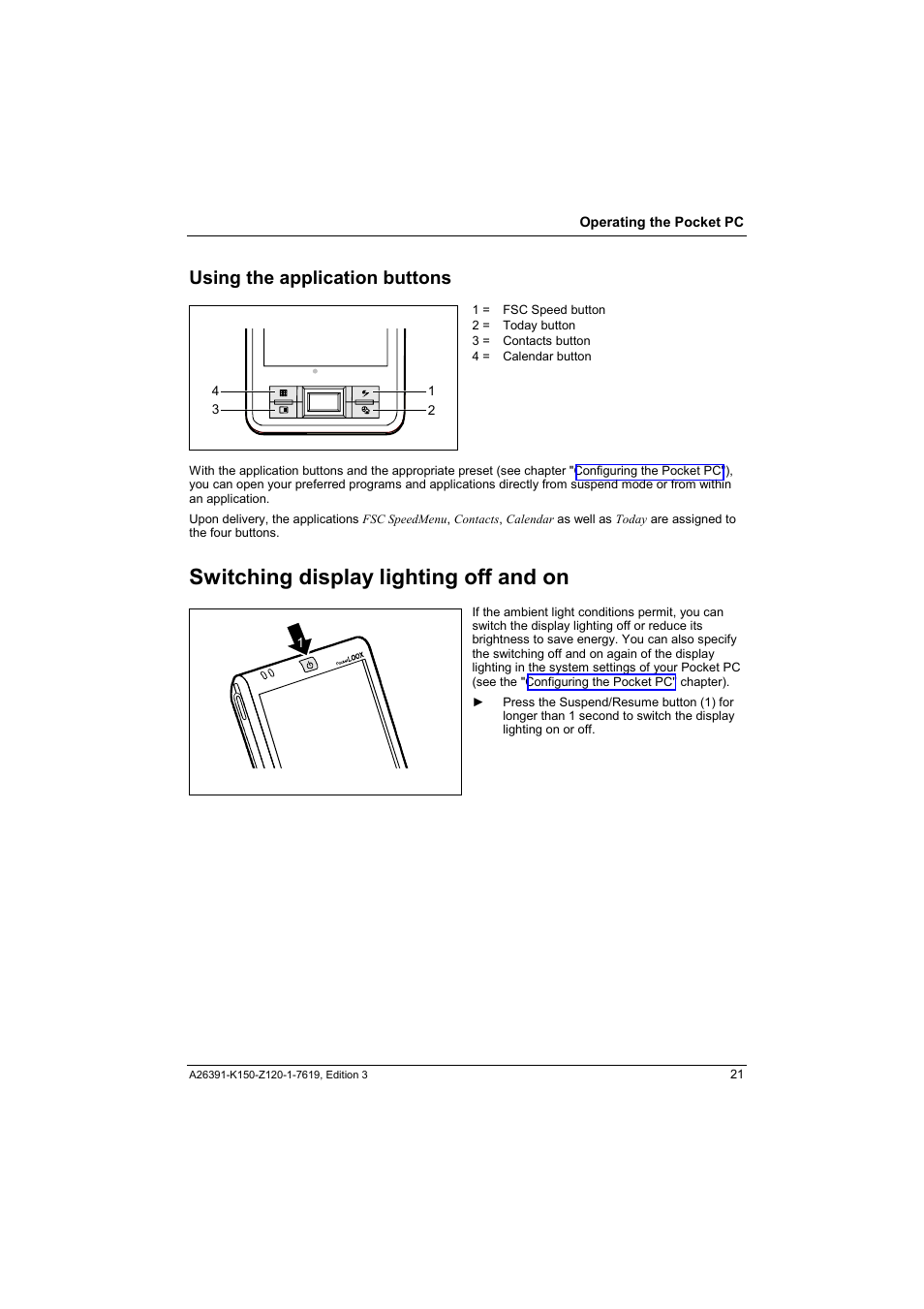 Using the application buttons, Switching display lighting off and on | Fujitsu Siemens Computers LOOX 400 User Manual | Page 29 / 66