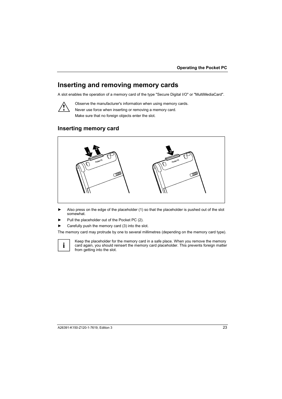 Inserting and removing memory cards, Inserting memory card | Fujitsu Siemens Computers LOOX 400 User Manual | Page 31 / 66