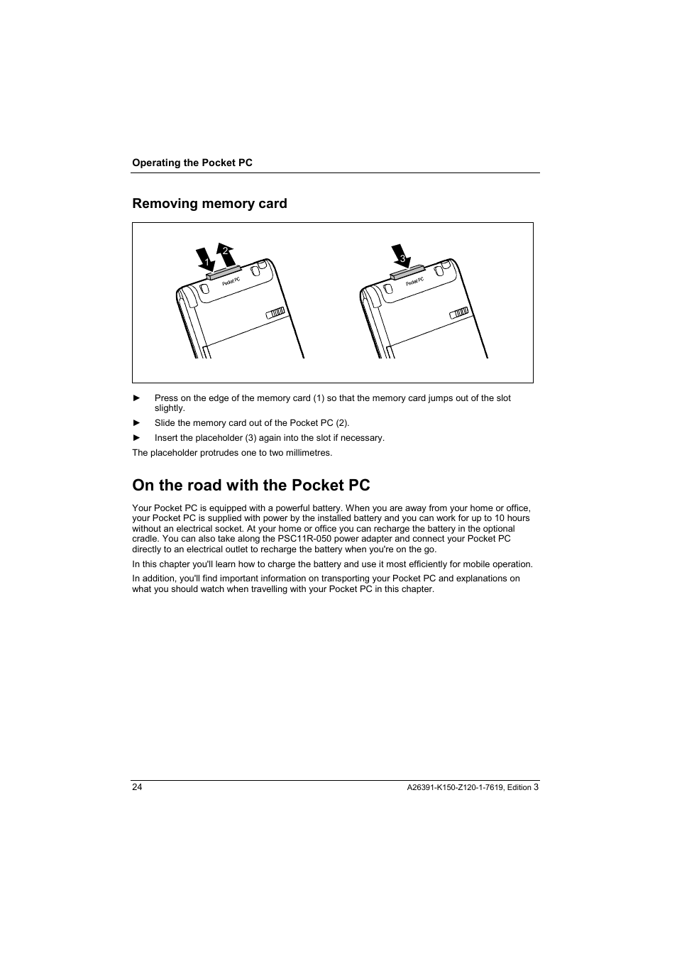 Removing memory card, On the road with the pocket pc | Fujitsu Siemens Computers LOOX 400 User Manual | Page 32 / 66