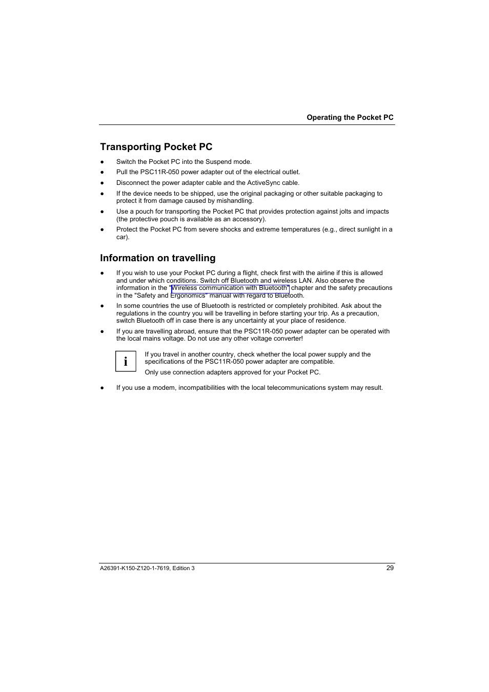 Transporting pocket pc, Information on travelling | Fujitsu Siemens Computers LOOX 400 User Manual | Page 37 / 66