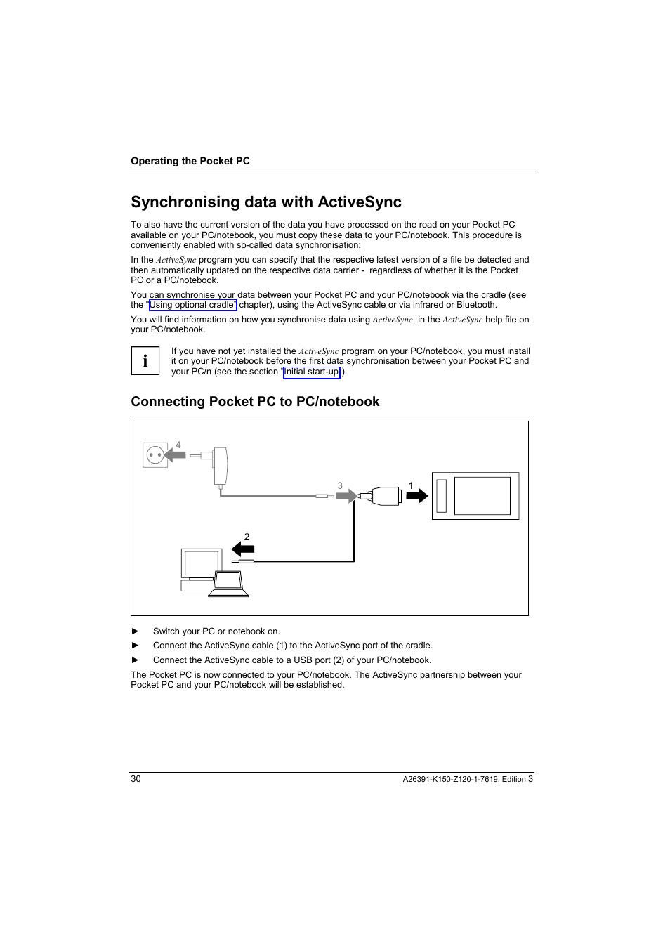 Synchronising data with activesync, Connecting pocket pc to pc/notebook | Fujitsu Siemens Computers LOOX 400 User Manual | Page 38 / 66