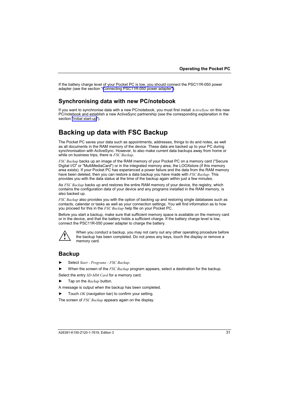 Synchronising data with new pc/notebook, Backing up data with fsc backup, Backup | Fujitsu Siemens Computers LOOX 400 User Manual | Page 39 / 66