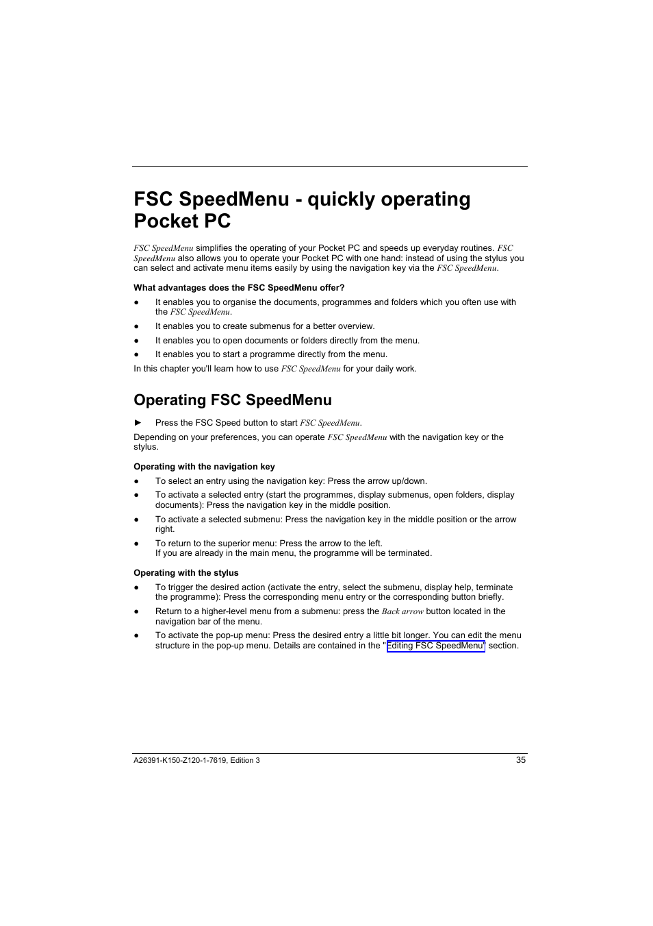 Fsc speedmenu - quickly operating pocket pc, Operating fsc speedmenu | Fujitsu Siemens Computers LOOX 400 User Manual | Page 43 / 66