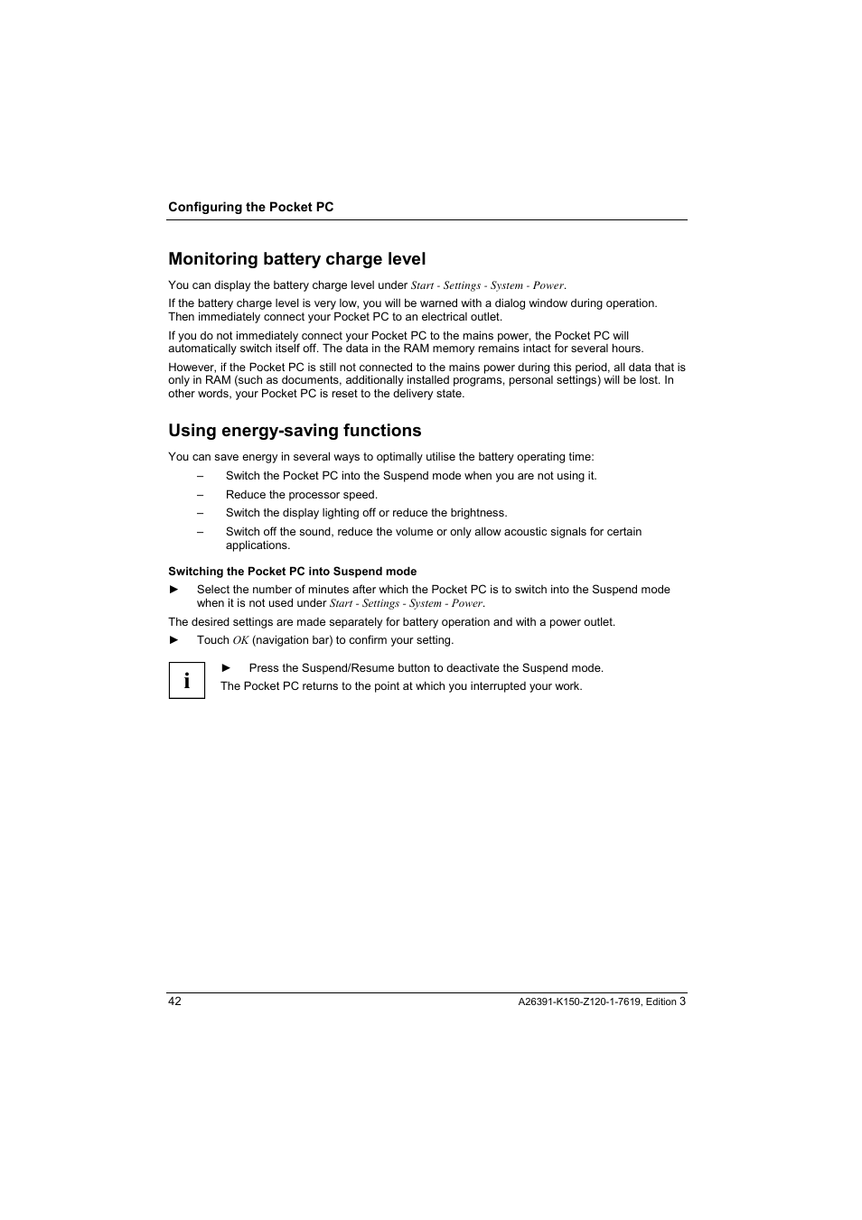 Monitoring battery charge level, Using energy-saving functions | Fujitsu Siemens Computers LOOX 400 User Manual | Page 50 / 66