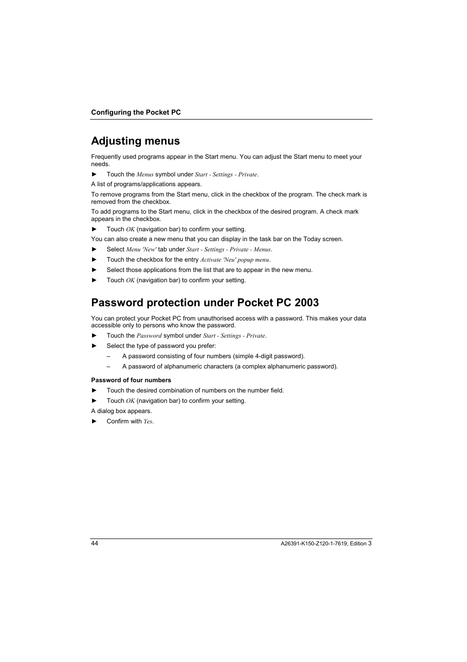 Adjusting menus, Password protection under pocket pc 2003 | Fujitsu Siemens Computers LOOX 400 User Manual | Page 52 / 66