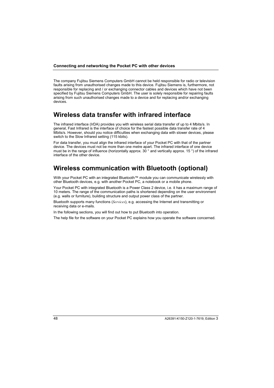 Wireless data transfer with infrared interface, Wireless communication with bluetooth (optional) | Fujitsu Siemens Computers LOOX 400 User Manual | Page 56 / 66