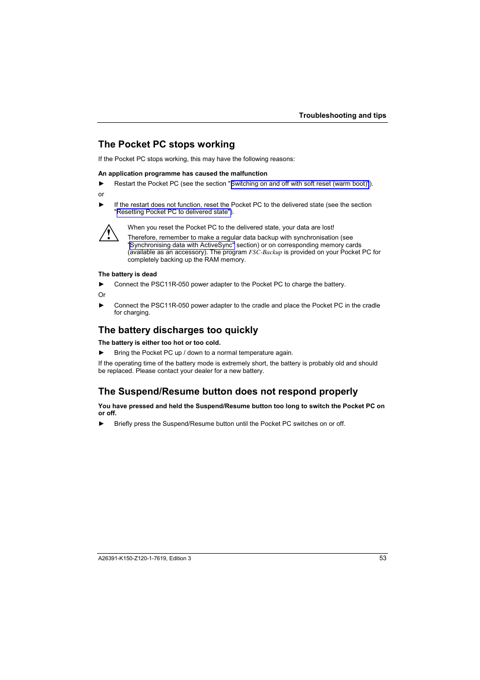The pocket pc stops working, The battery discharges too quickly | Fujitsu Siemens Computers LOOX 400 User Manual | Page 61 / 66