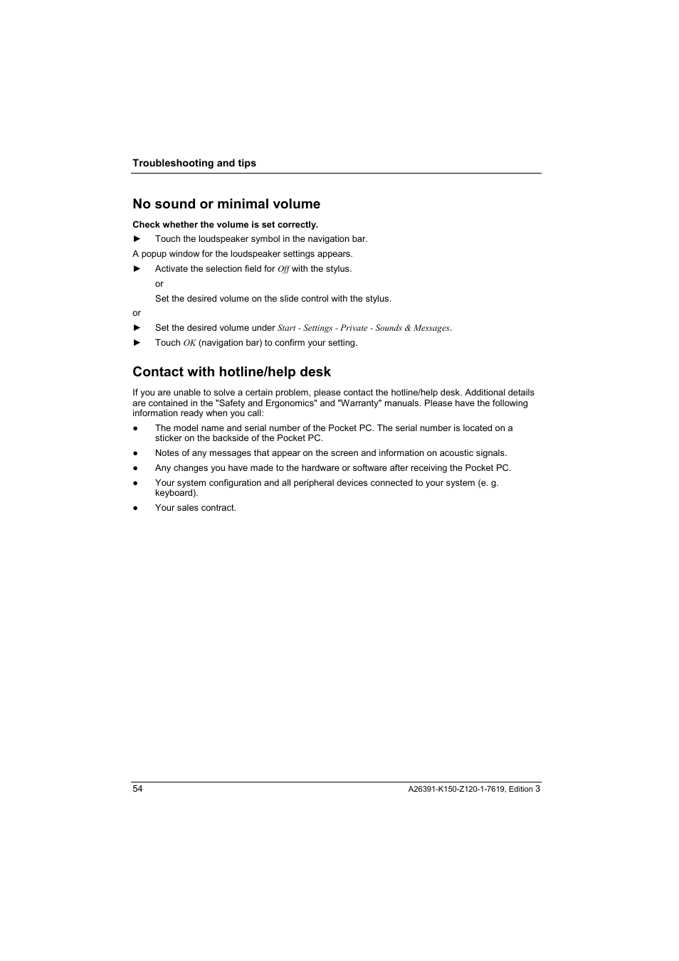 No sound or minimal volume, Contact with hotline/help desk | Fujitsu Siemens Computers LOOX 400 User Manual | Page 62 / 66