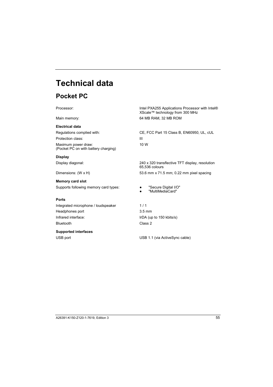Technical data, Pocket pc | Fujitsu Siemens Computers LOOX 400 User Manual | Page 63 / 66