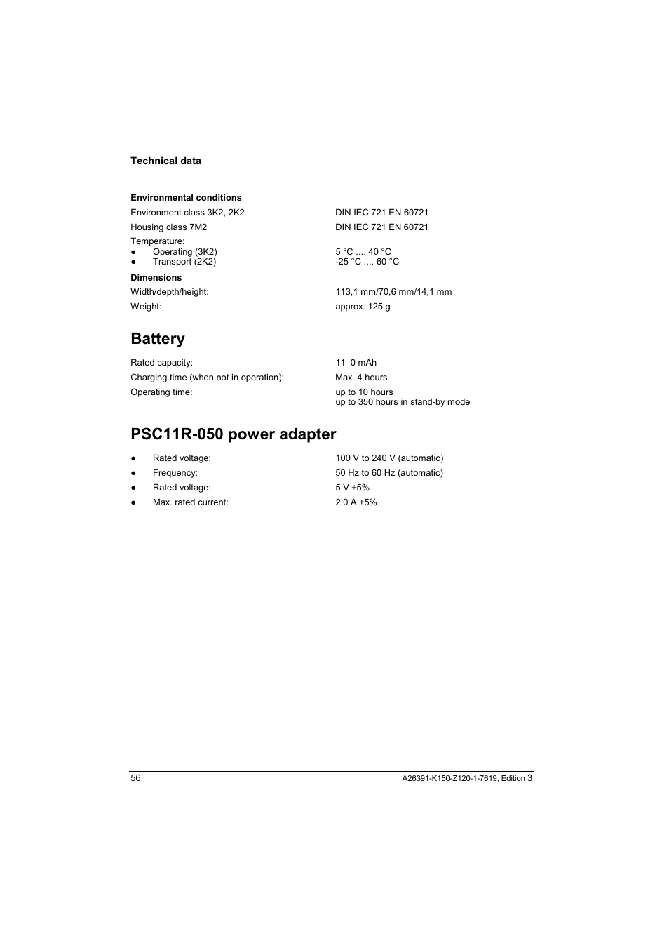 Battery, Psc11r-050 power adapter | Fujitsu Siemens Computers LOOX 400 User Manual | Page 64 / 66