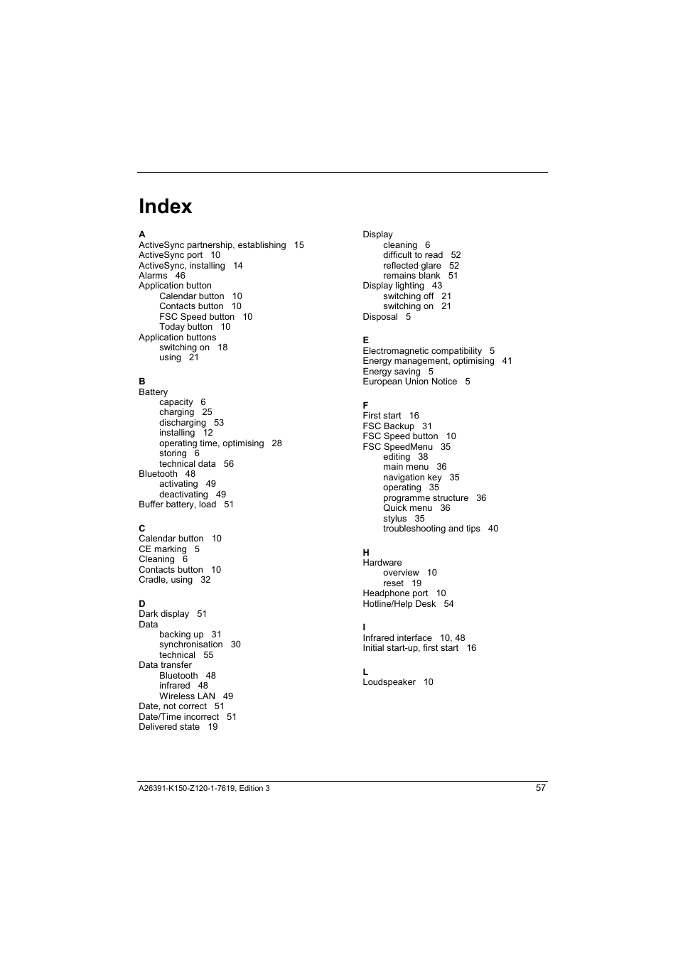 Index | Fujitsu Siemens Computers LOOX 400 User Manual | Page 65 / 66