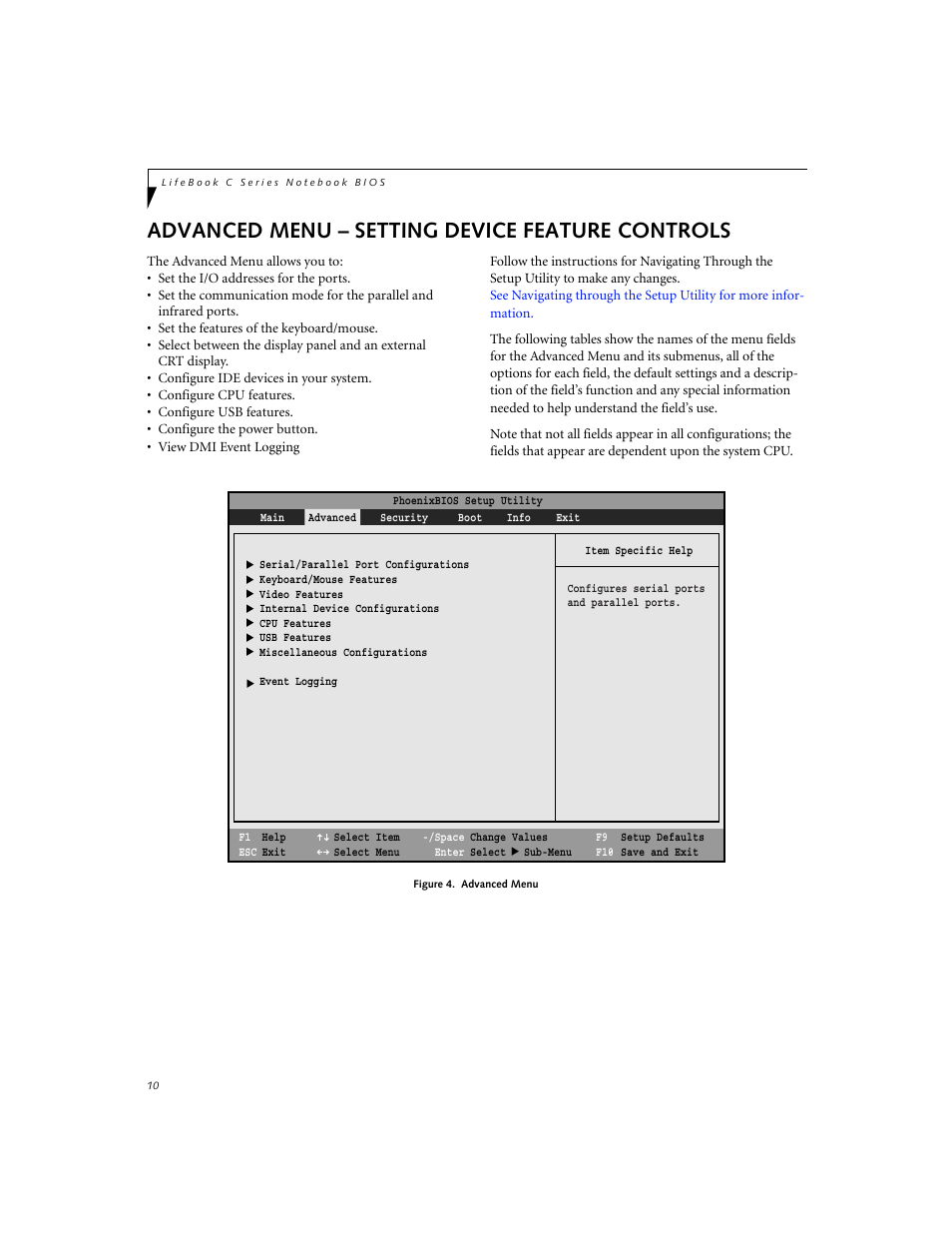 Advanced menu – setting device feature controls | Fujitsu Siemens Computers LifeBook C Series C2310 User Manual | Page 10 / 30