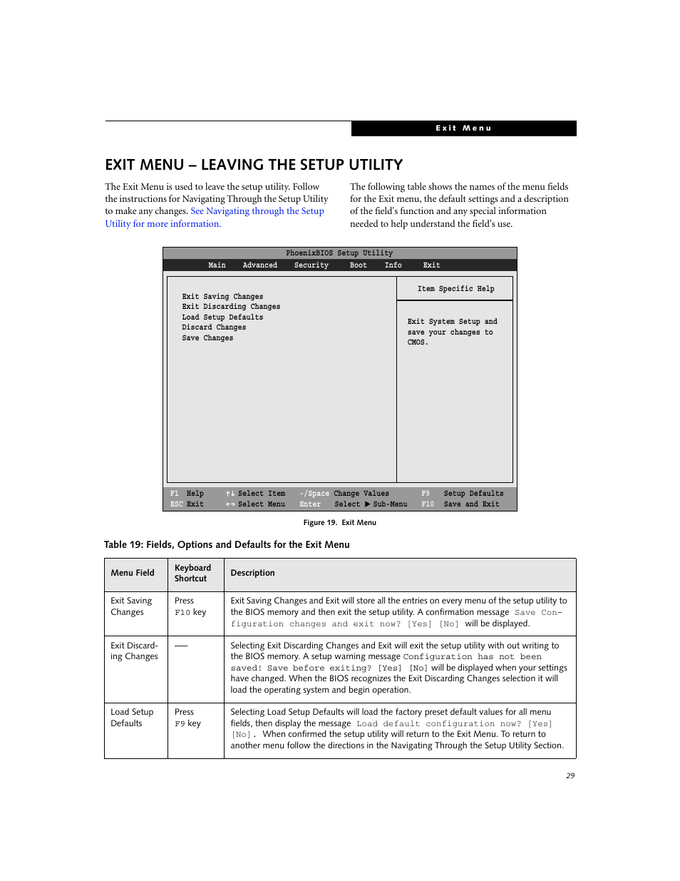 Exit menu – leaving the setup utility | Fujitsu Siemens Computers LifeBook C Series C2310 User Manual | Page 29 / 30